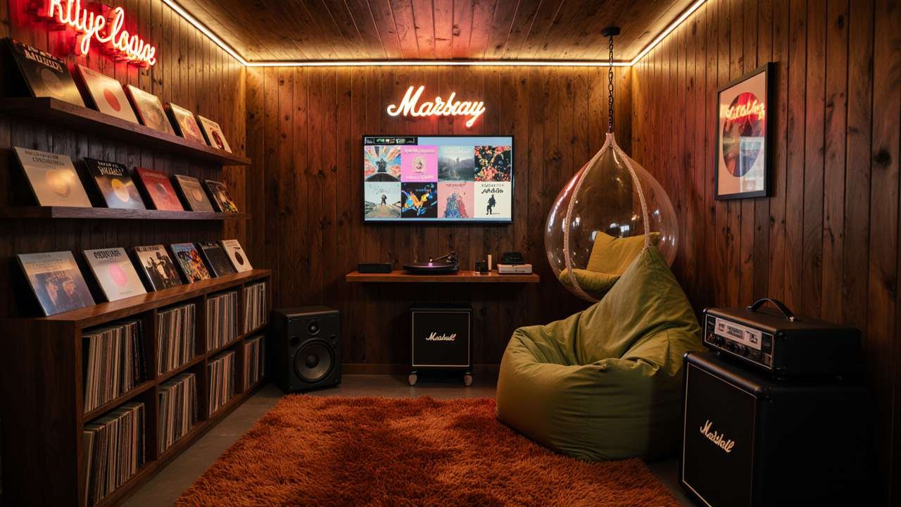 Retro 70s Chill Shed – Vinyl Lounge on a Dime interior