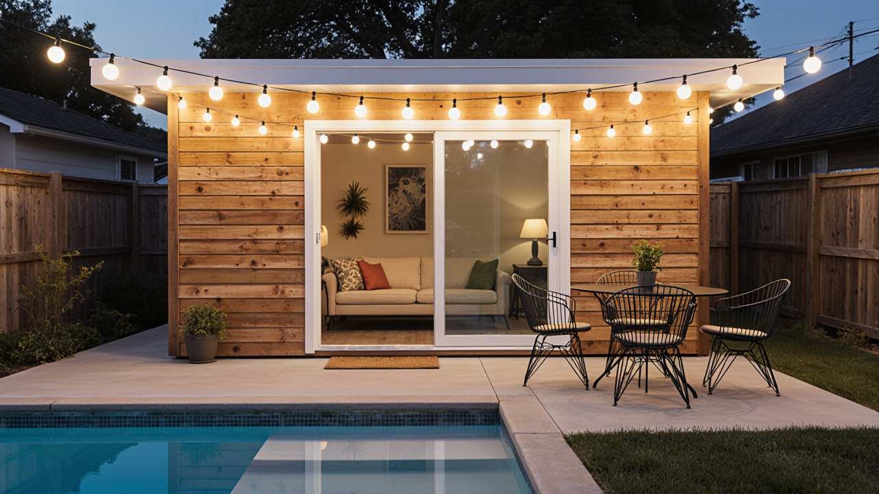 Honey Cedar Pool Lounge - Retro 70s Shed for Laid-Back Groovy Comfort