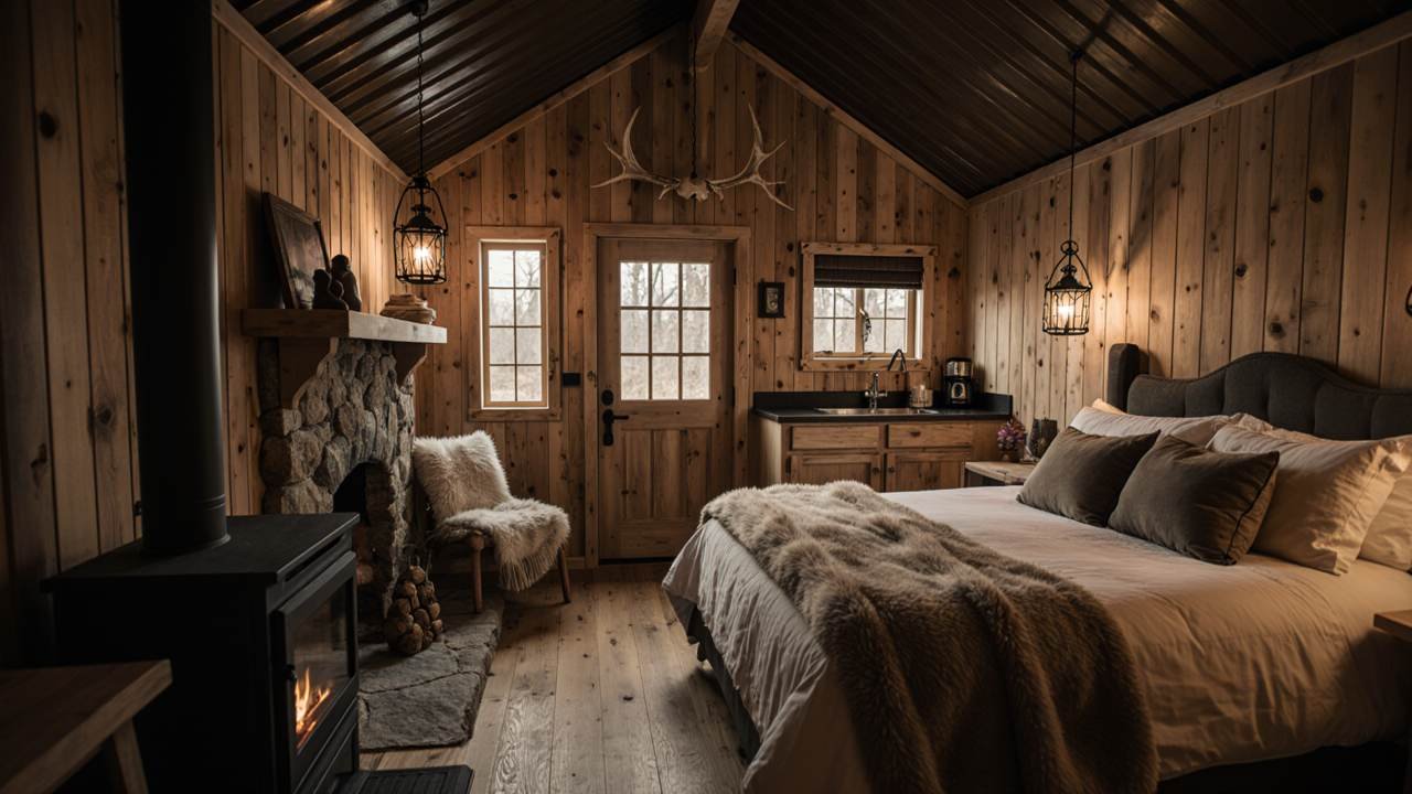 Rustic Cabin Shed – Cozy Wood & Stone Charm interior