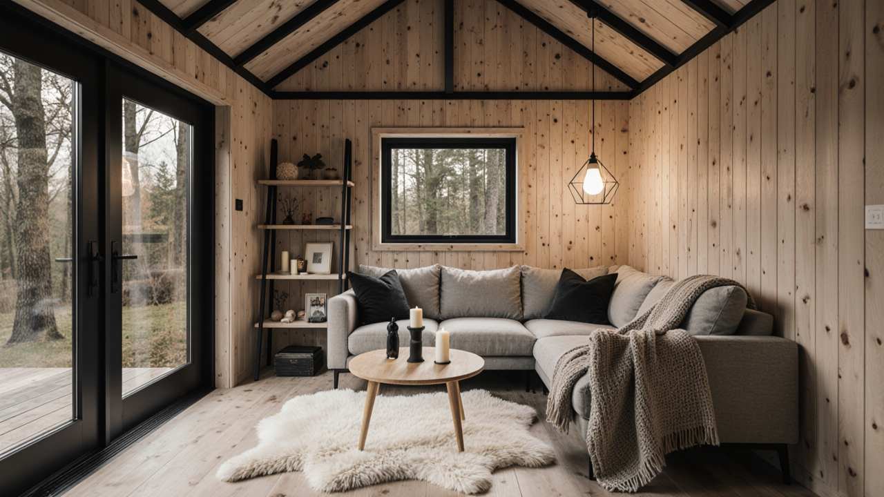 Scandinavian Glass-Front Forest Shed Retreat interior