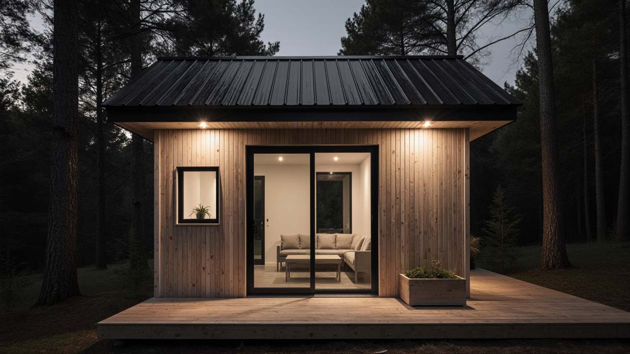Nordic Cedar Haven Studio - Scandinavian Glass-Front Forest Shed Retreat