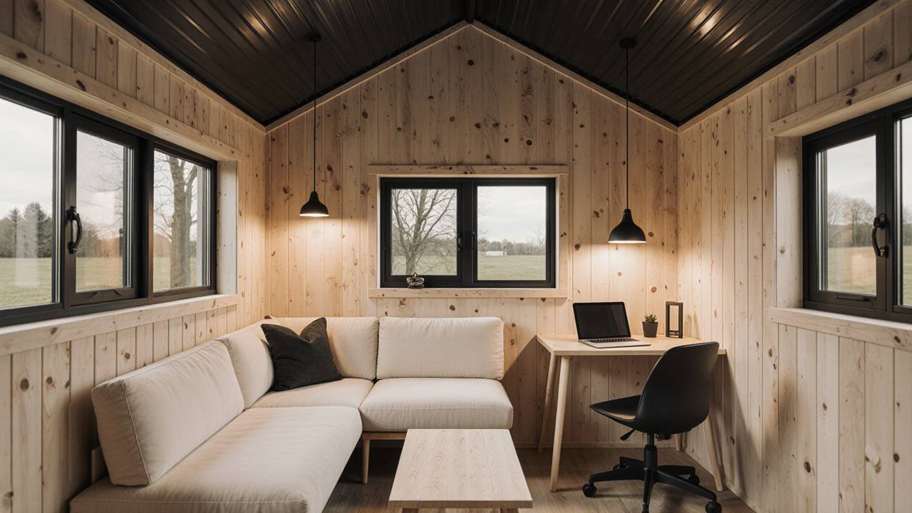 Cedar and Steel Workspace Retreat - Minimalist Office Shed with Nordic Charm interior