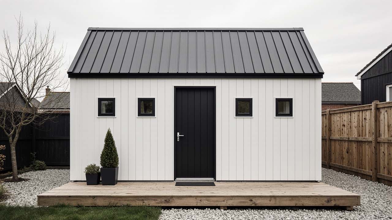 Nordic White & Charcoal Studio Shed - Scandinavian Minimalist Design for Effortless Living