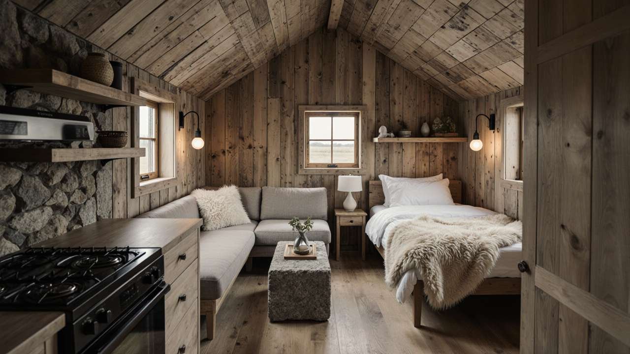 Scandinavian Simplicity – Tiny Home from Salvaged Pine and Stone interior