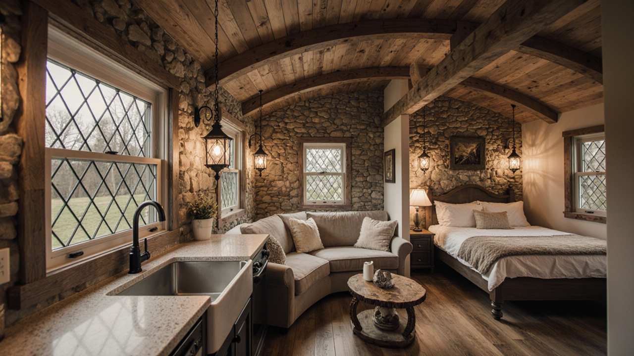 Storybook Cottage – Tiny Home from Salvaged Stone and Curved Wood interioir