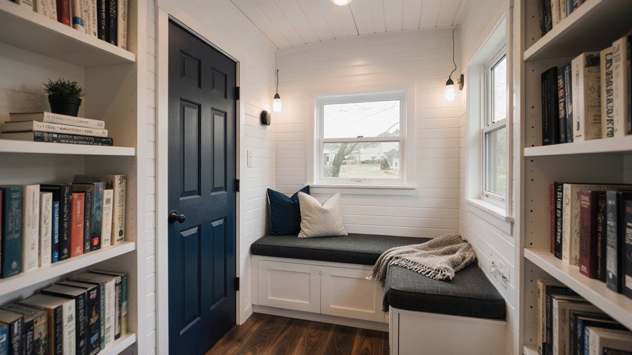 Tiny Library Reading Nook Shed interior