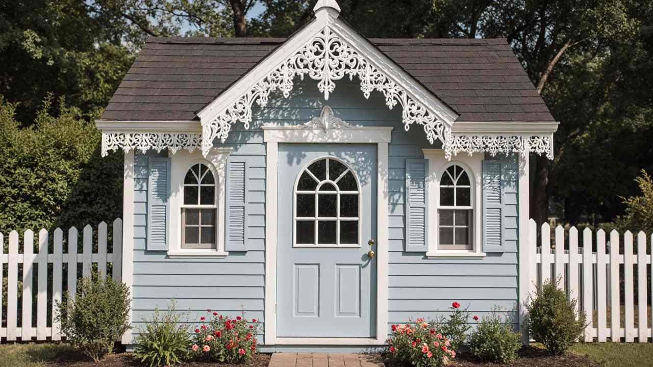 Powder Blue & White Gingerbread Manor - Victorian Shed with Timeless Grace