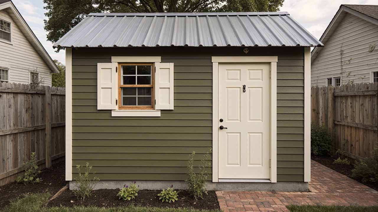 Sage Green Heritage Atelier - Tailor Workshop Shed with Vintage Craft Charm