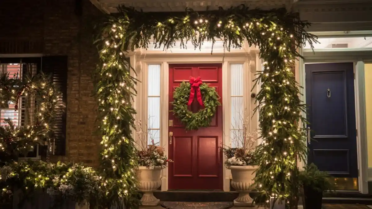 90s Christmas Doorway Delight - A Festive Welcome with Bold Red and Green
