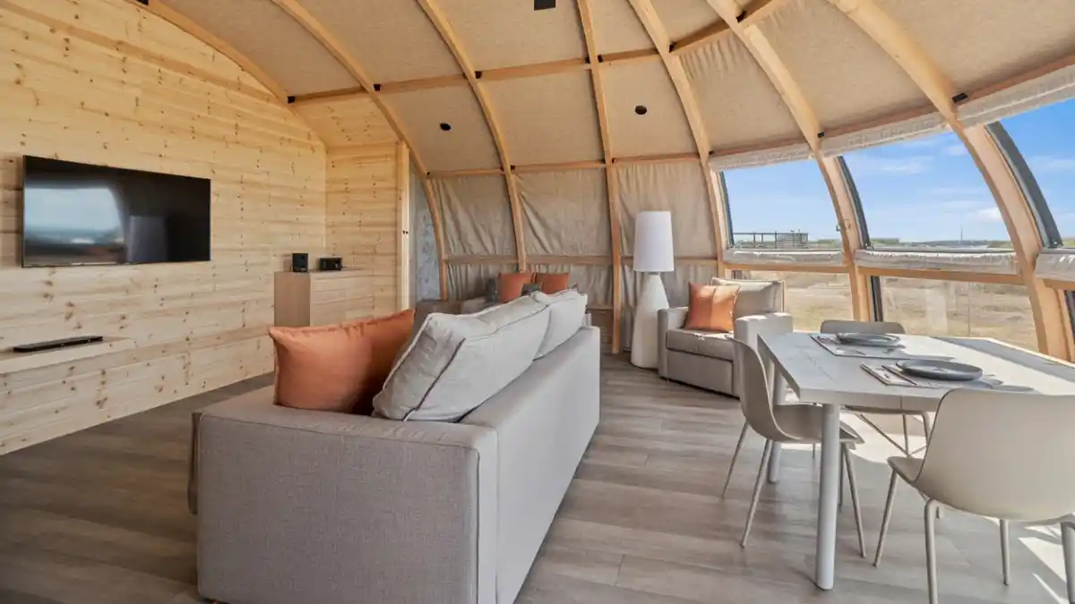 Blonde Wood and Rust Accent Living Area – Structured Comfort in the Round