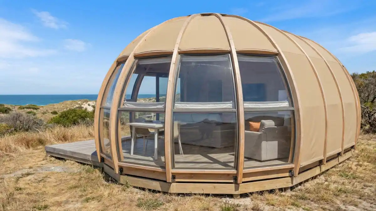 Blonde Wood and Rust Accent Living Area – Structured Comfort in the Round