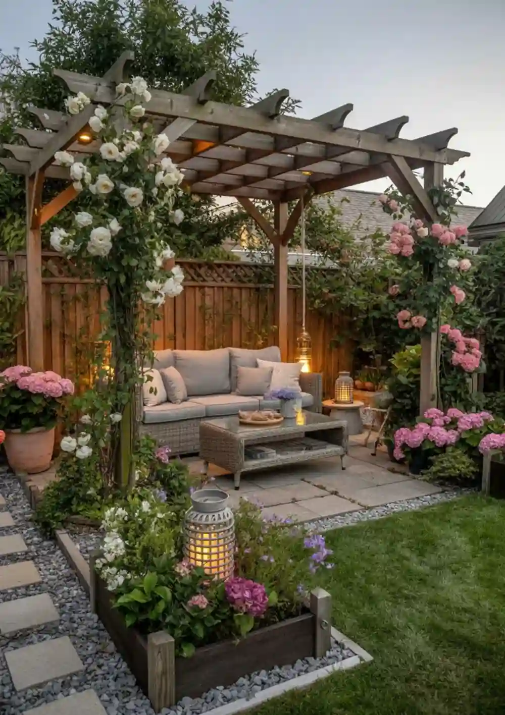 Blushing Rose and Wicker Pergola Retreat – Embracing Floral Abundance in Small Spaces