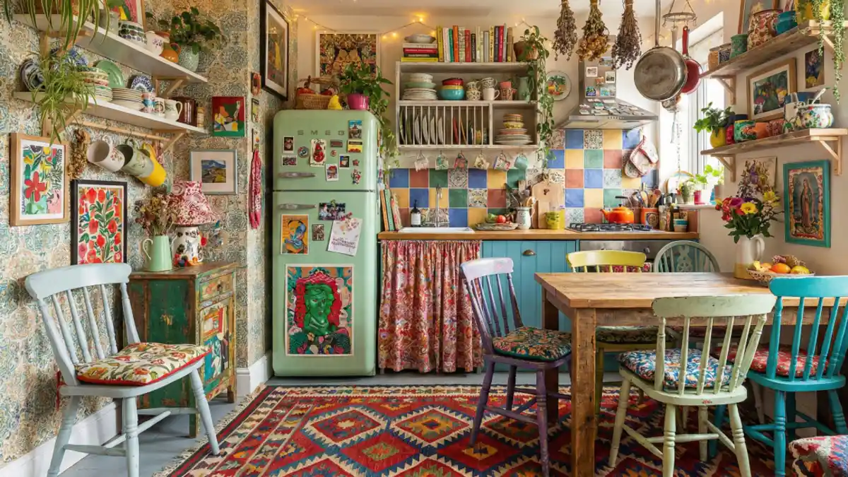 Bohemian Mint and Turquoise Kitchenette – Embracing Clutter as Decor in Tight Quarters
