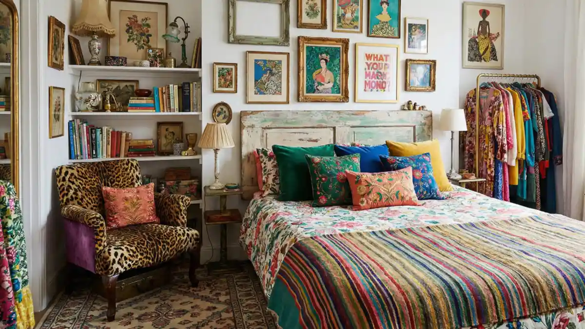 Boho Gallery and Leopard Print Bedroom – Colorful Layers on a White Canvas