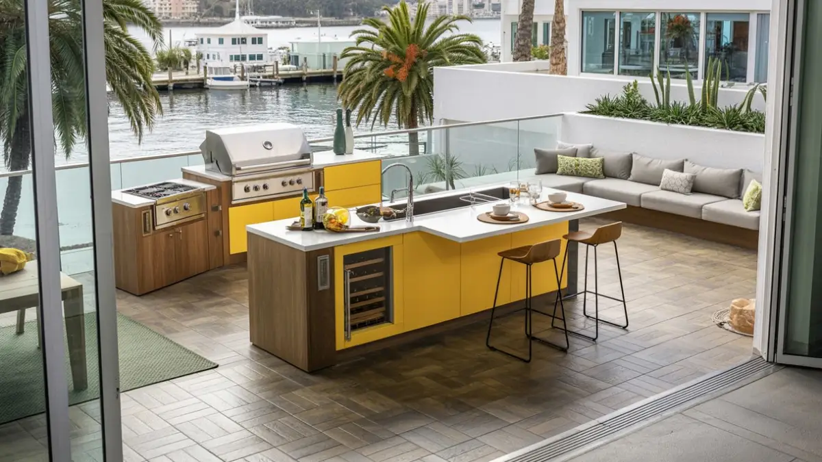 Bold Yellow & Wood-Grain Kitchen