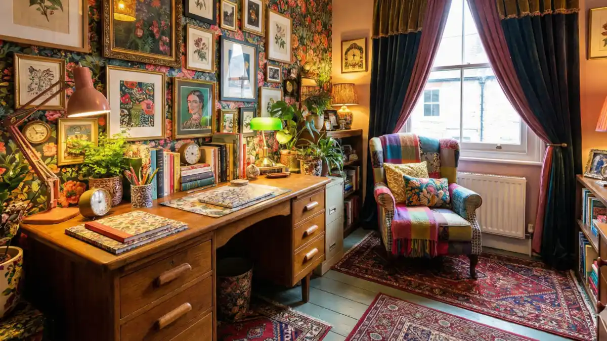 Botanical Gallery and Patchwork Study – A Maximalist Workspace Retreat
