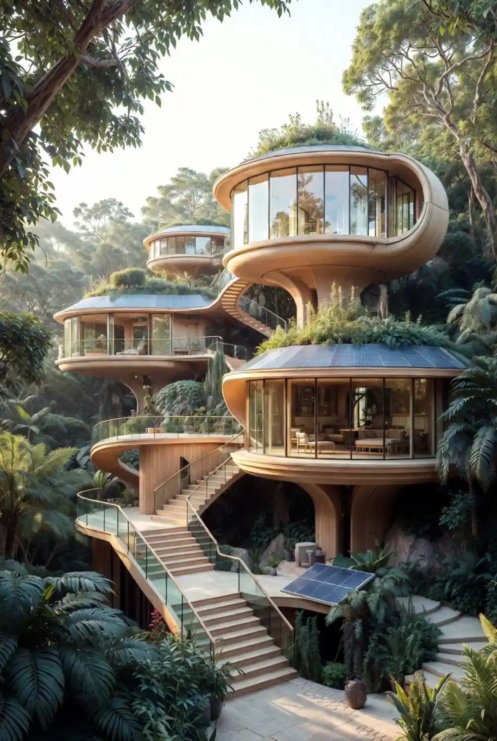 Cascading Timber & Solar Canopy - A Solarpunk Vision for Elevated Living