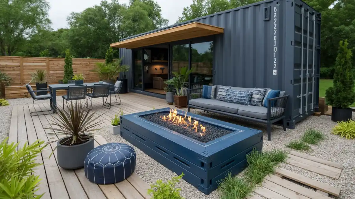Chic Outdoor Lounge – A Fireside Haven for Container Homes