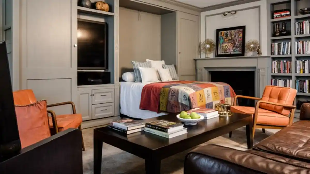 Classic Greige & Terracotta Library Lounge – Hiding a Guest Suite in Plain Sight