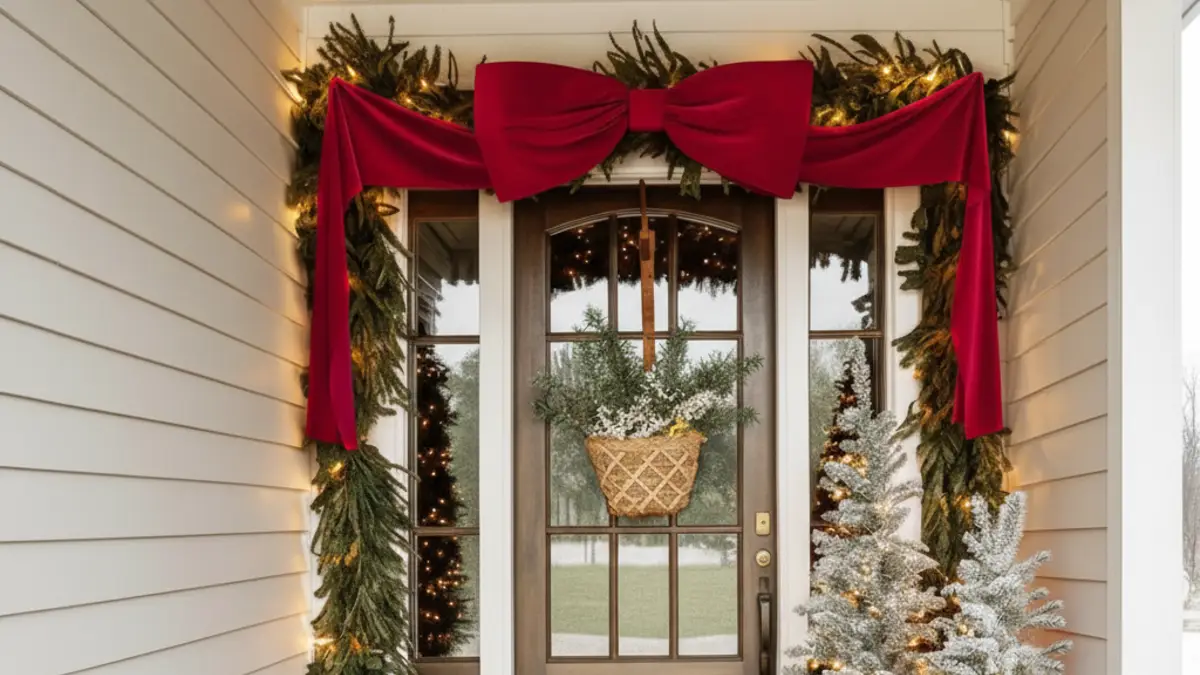 Classic Red Velvet Welcome: An Oversized Bow for a Grand Porch Entrance
