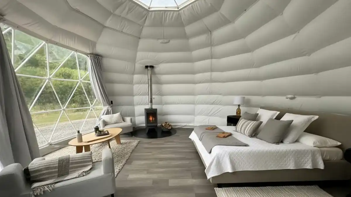 Cloud-White and Charcoal Haven – Minimalist Dome Bedroom with Soft Textures