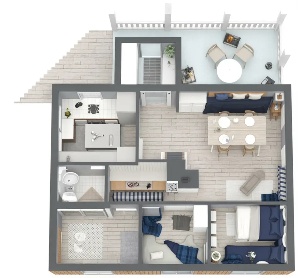 Coastal Breeze Retreat – Blue Accented Two-Bedroom Tiny Home with Outdoor Charm