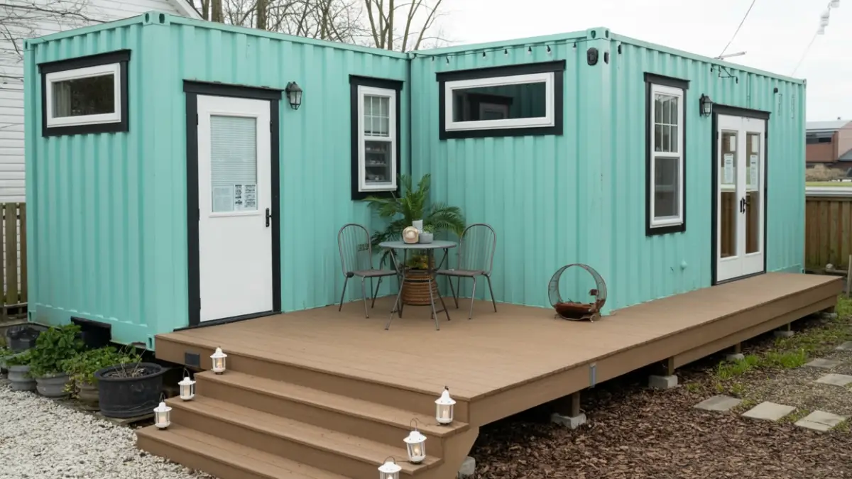 Coastal Charm – Aqua Blue Container Home with Cozy Porch Vibes