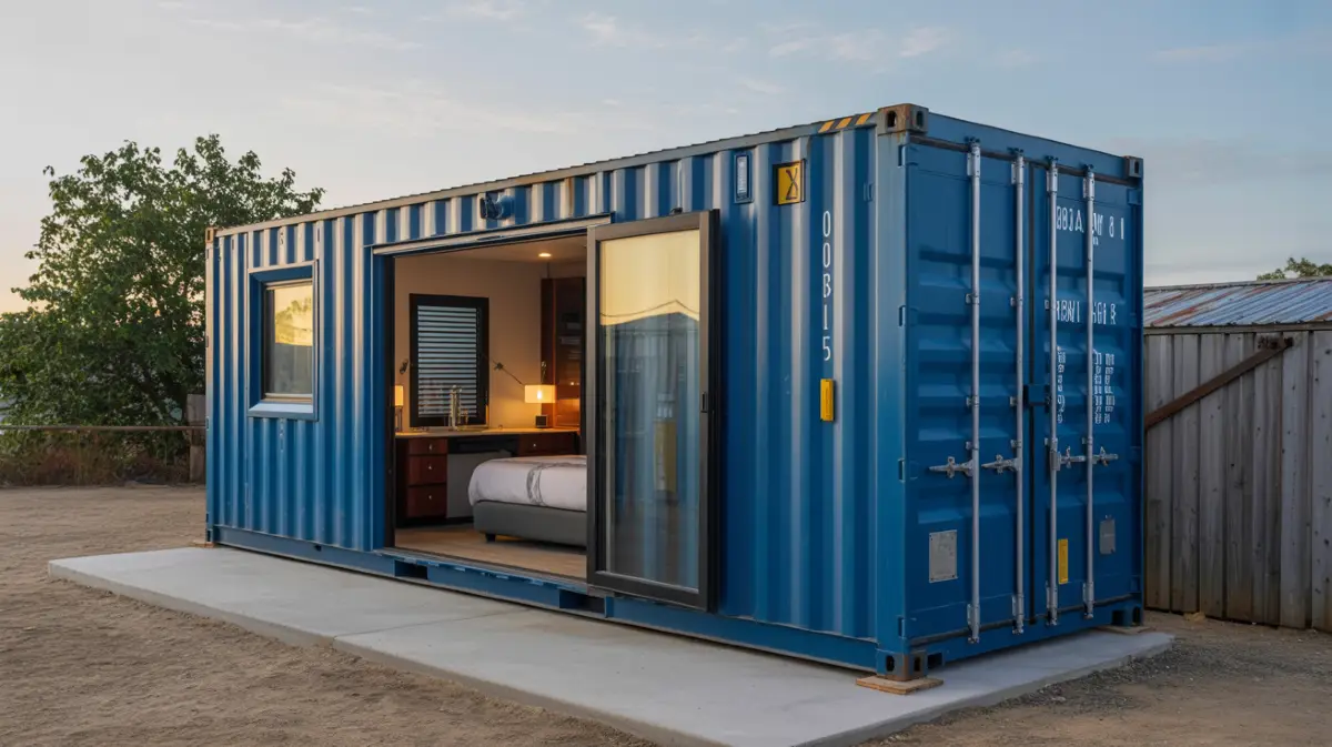 Compact and Cozy Blue Shipping Container Bedroom – A Modern Retreat