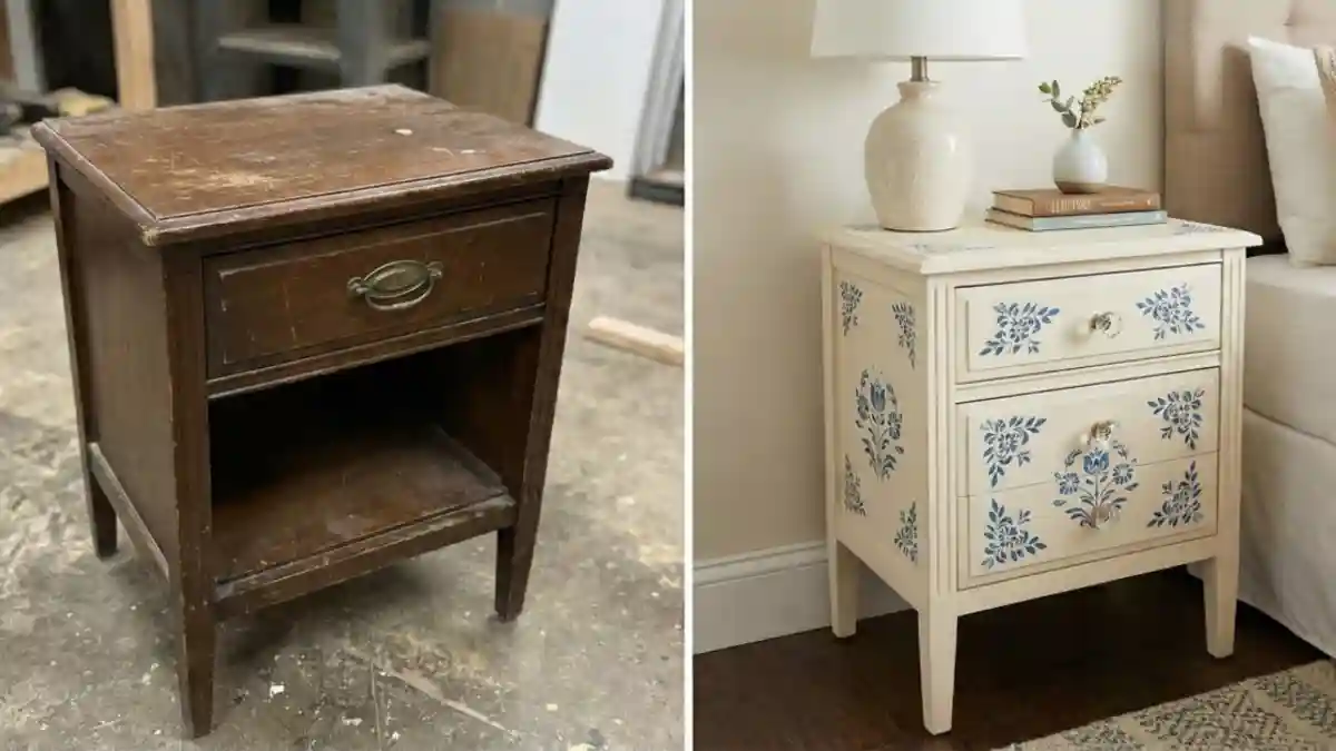 Cottagecore Cream & Blue Floral Nightstand – A Cozy Bedroom Revival