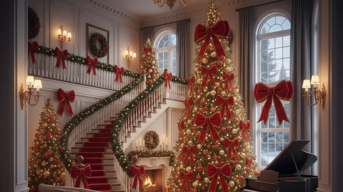 Crimson & Evergreen Elegance - A Grand Foyer's Guide to Going Big with Bows