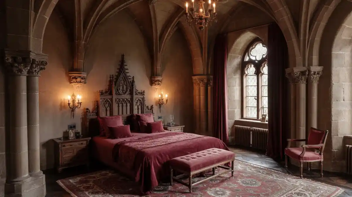 Crimson Velvet and Sandstone Gothic Chamber – Sleeping Like Royalty in Modern Comfort