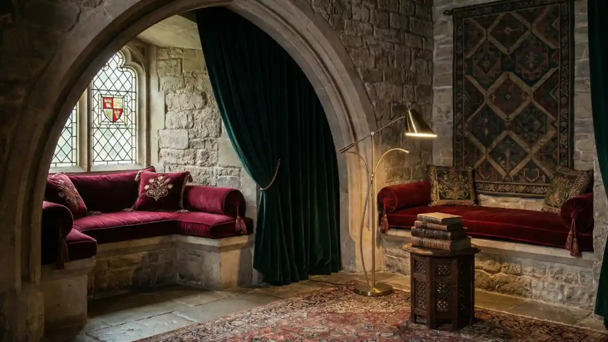 Crimson and Emerald Stone Nook – A Cozy Reading Alcove with Medieval Flair