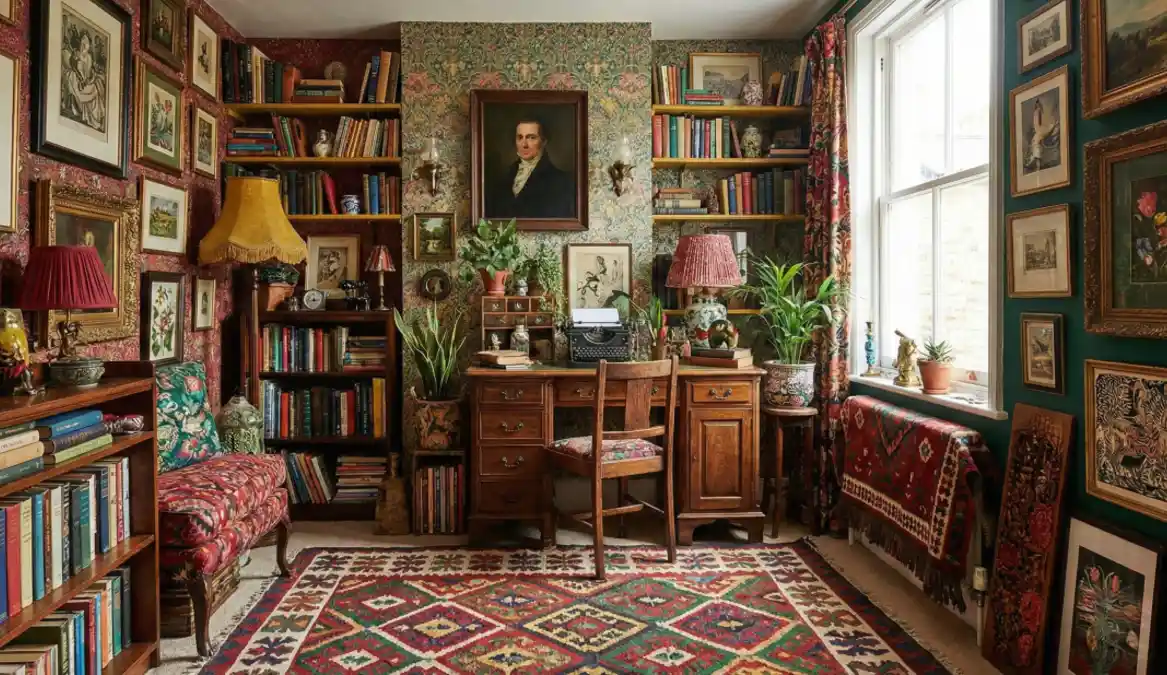 Crimson and Forest Antique Study – Scholarly Chaos in a Compact Nook