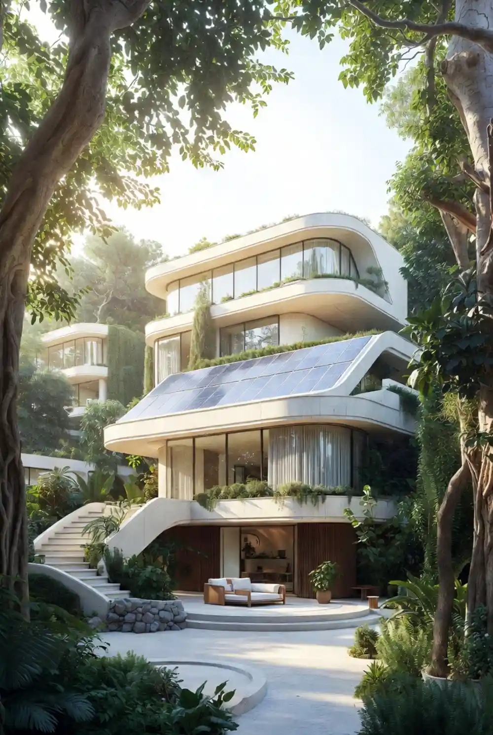 Curved Concrete & Green Roof Sanctuary - A Solarpunk Vision for Modern Living