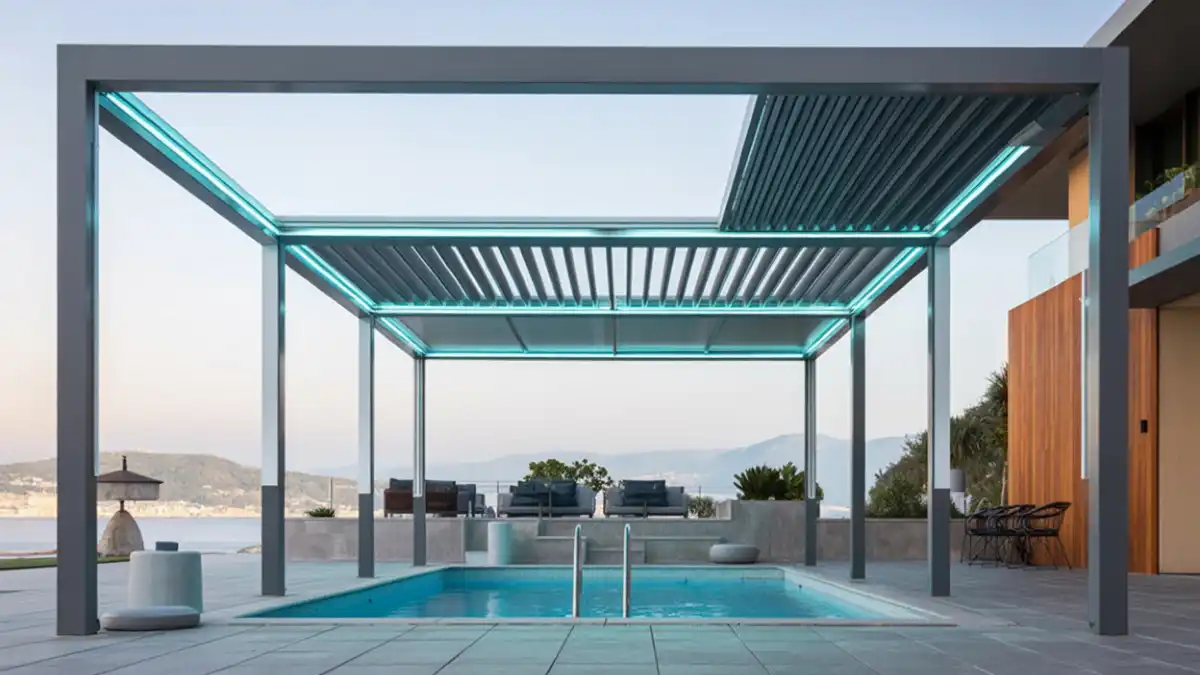 Cyan-Lit Modern Poolside Pavilion - High-Tech Luxury for Evening Lounging