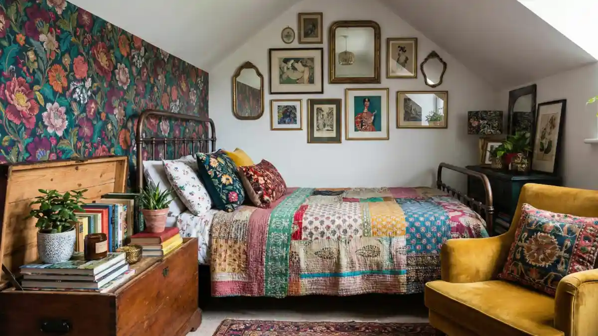 Dark Florals and Mustard Velvet Attic – A Cozy Bedroom Retreat