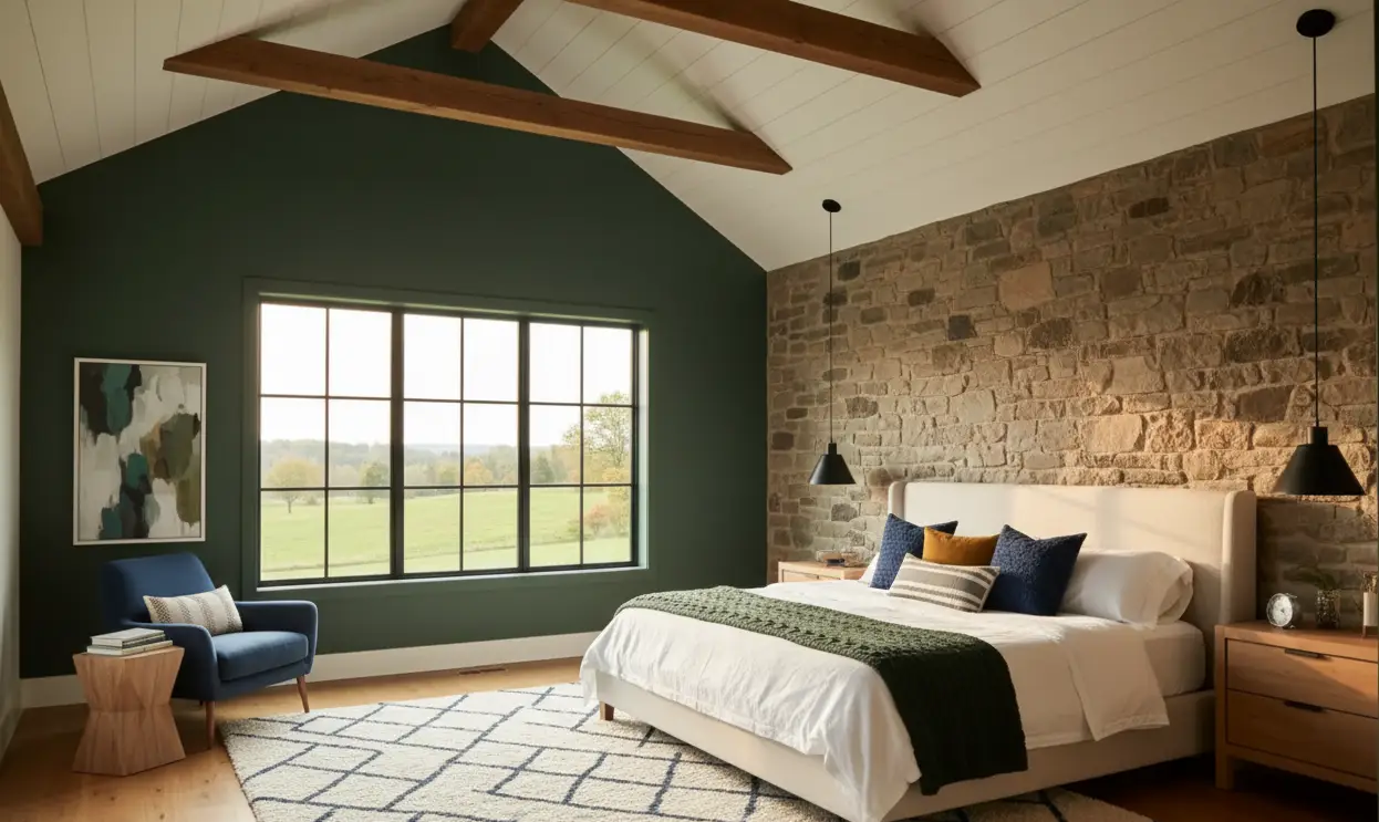 Deep Green & Exposed Stone Retreat - Cozy Barn Living on a Smart Budget