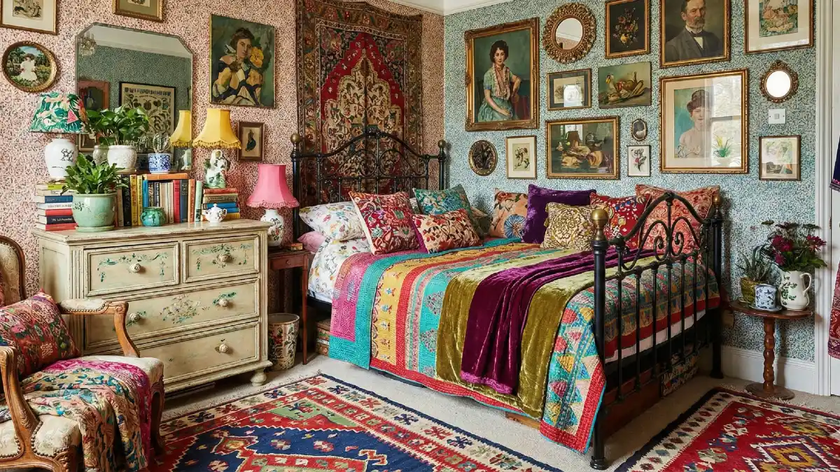 Dual-Wallpaper and Vintage Textile Bedroom – Layering Comfort in Tight Quarters