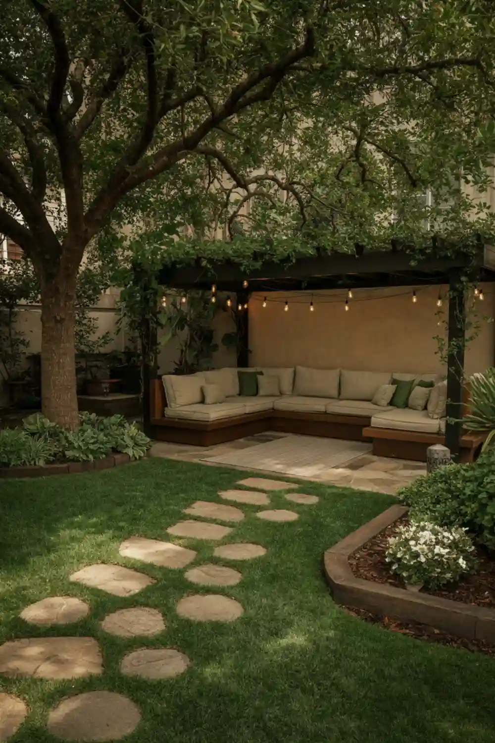 Earthy Olive & Pergola Lounge – Cultivating Serenity with Purposeful Wildness