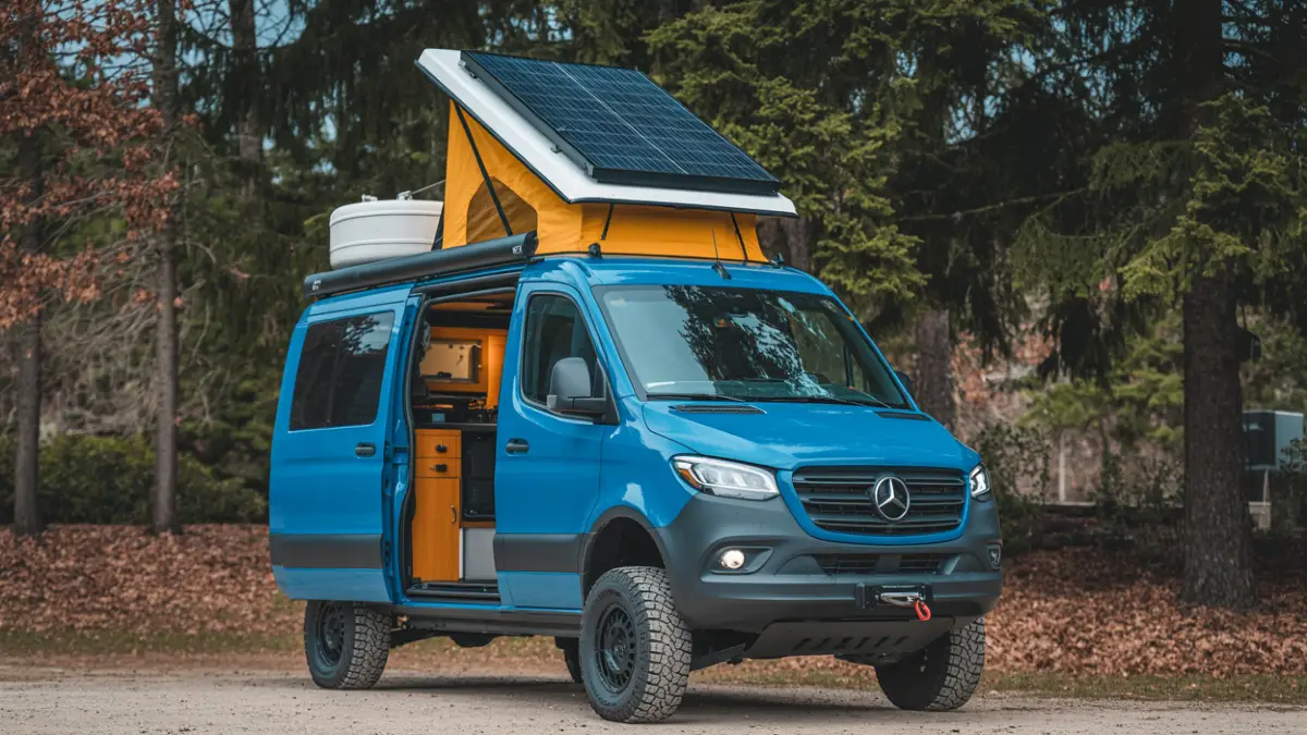 Electric Blue Pop-Top Sleeper - Maximizing Vertical Space for Solar and Water Tank