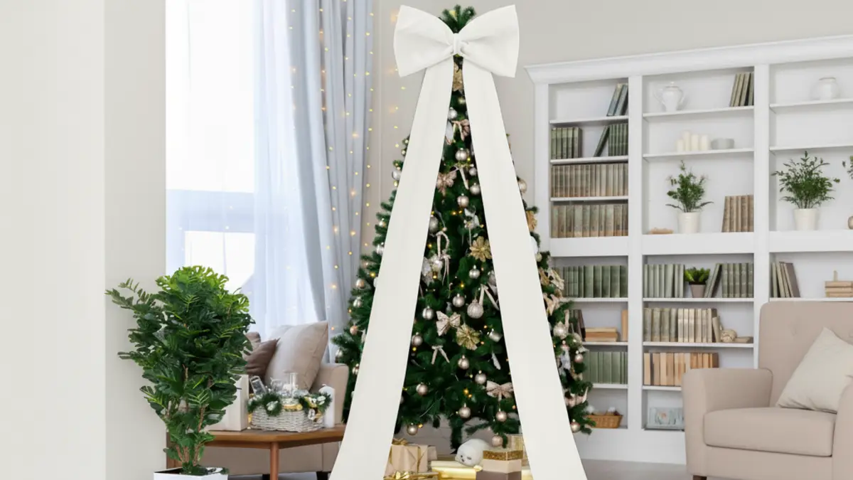 Elegant Ivory Streamer Tree: A Modern Christmas Centerpiece