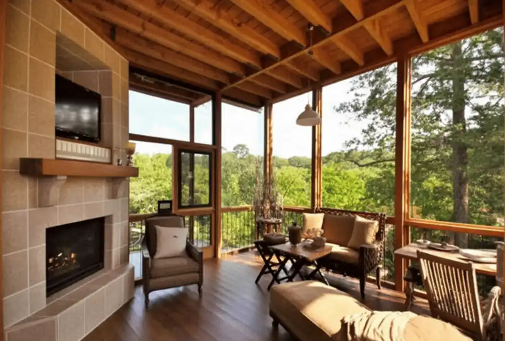 Elevated Rustic Treehouse Porch - A Cozy Fireplace Retreat in the Canopy