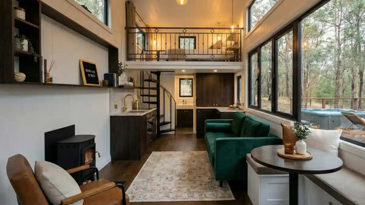 Emerald Velvet & Rustic Wood Loft – A Micro-Luxe Escape in the Trees
