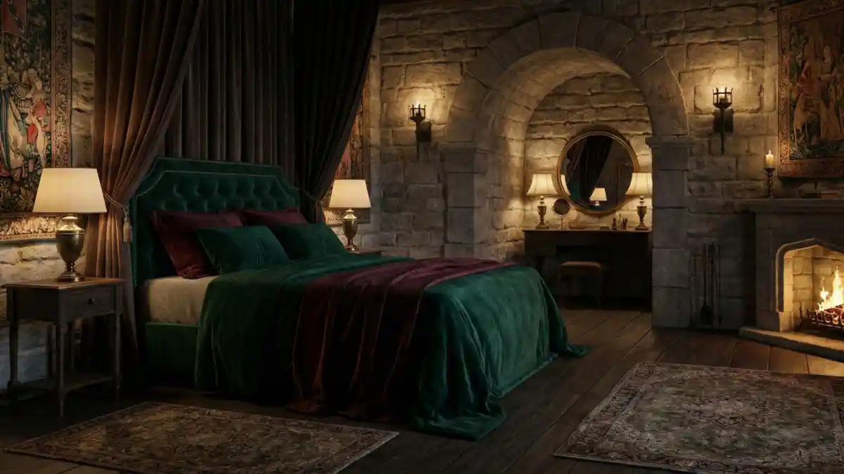 Emerald Velvet and Rough Stone Sanctuary – A Moody Medieval Bedroom Retreat