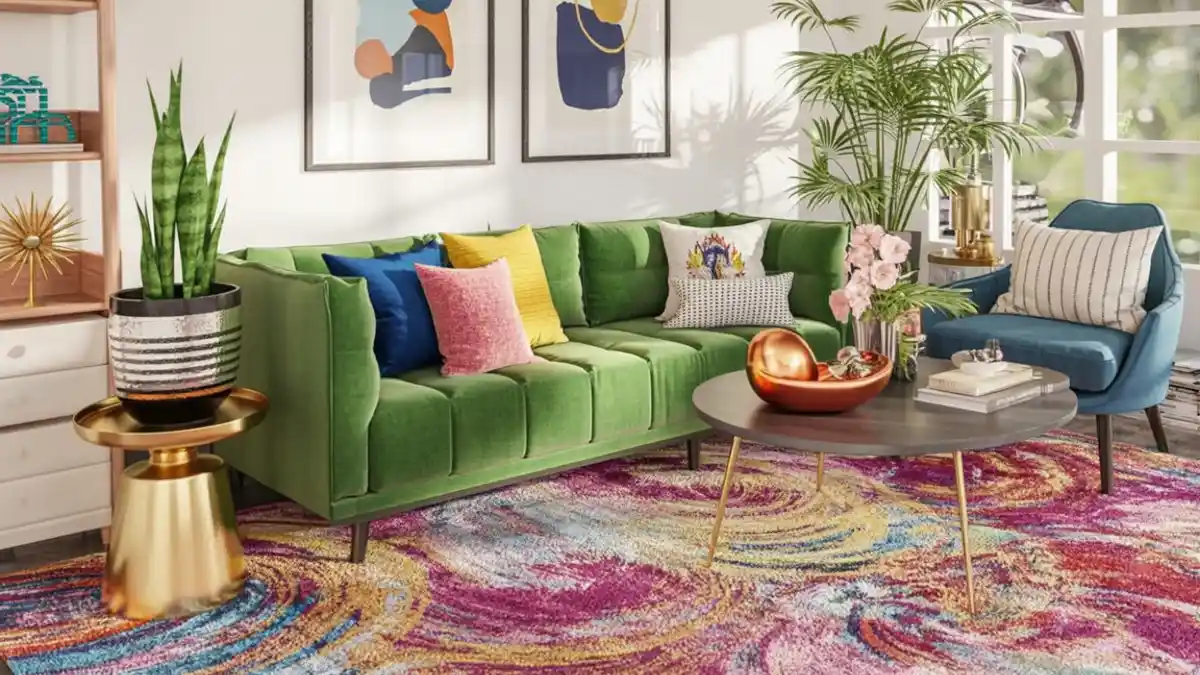 Emerald and Amethyst Swirl Living Room – Mastering Pattern Mixing in Compact Zones