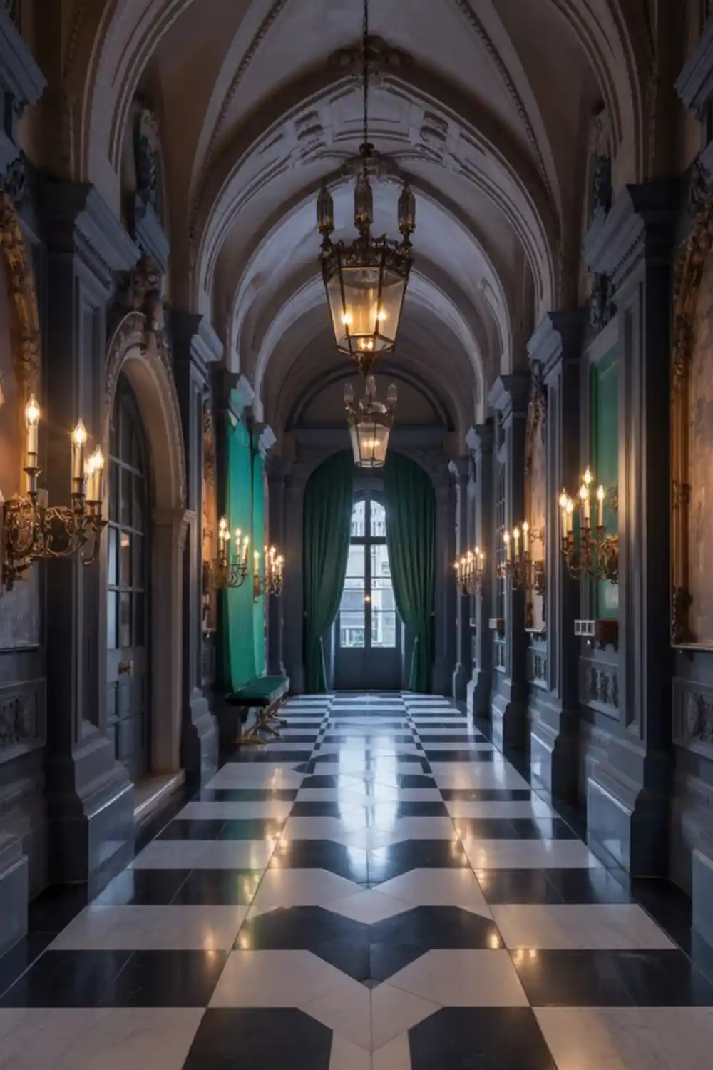 Emerald and Charcoal Gothic Hallway – Grand Entrance with a Moody Twist