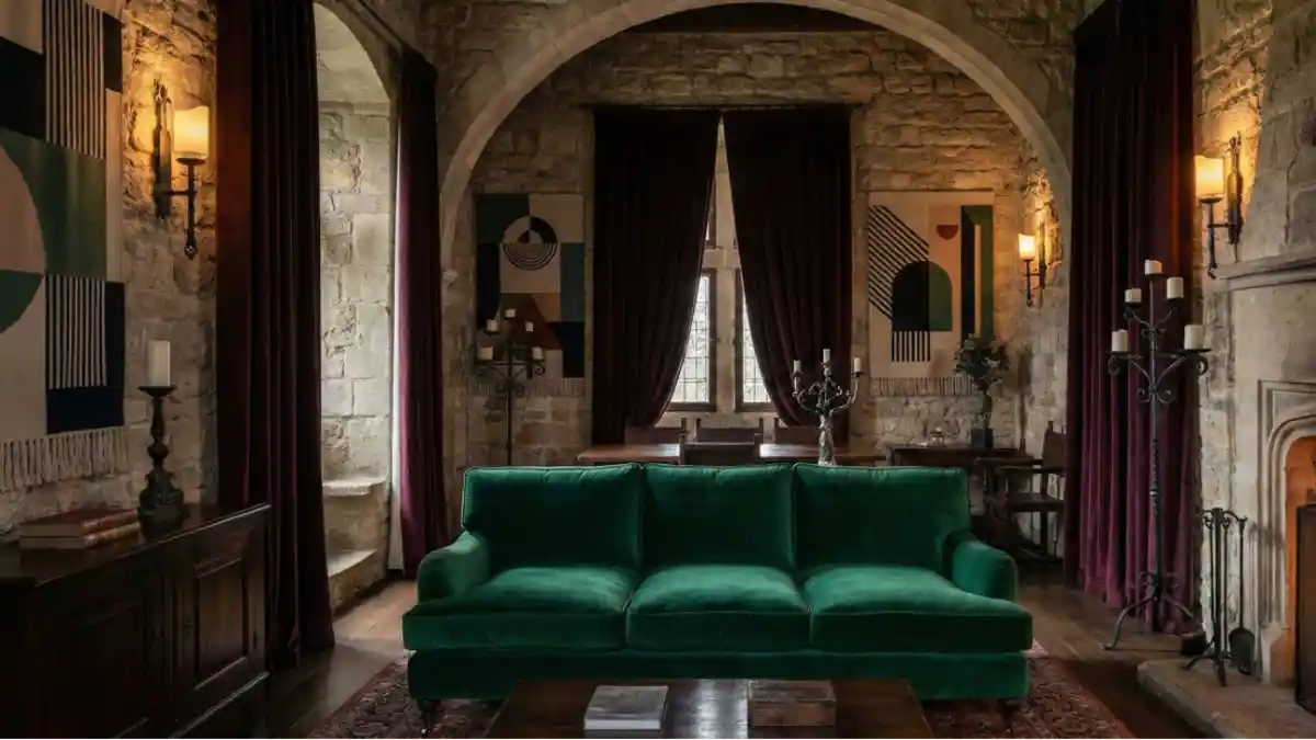 Emerald and Plum Stone Living Room – A Jewel-Toned Modern Keep