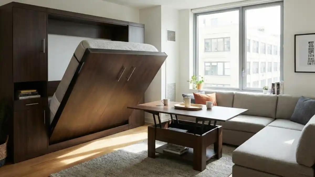 Espresso Wood & Cozy Neutrals Convertible Lounge – The Urban Transformer Apartment