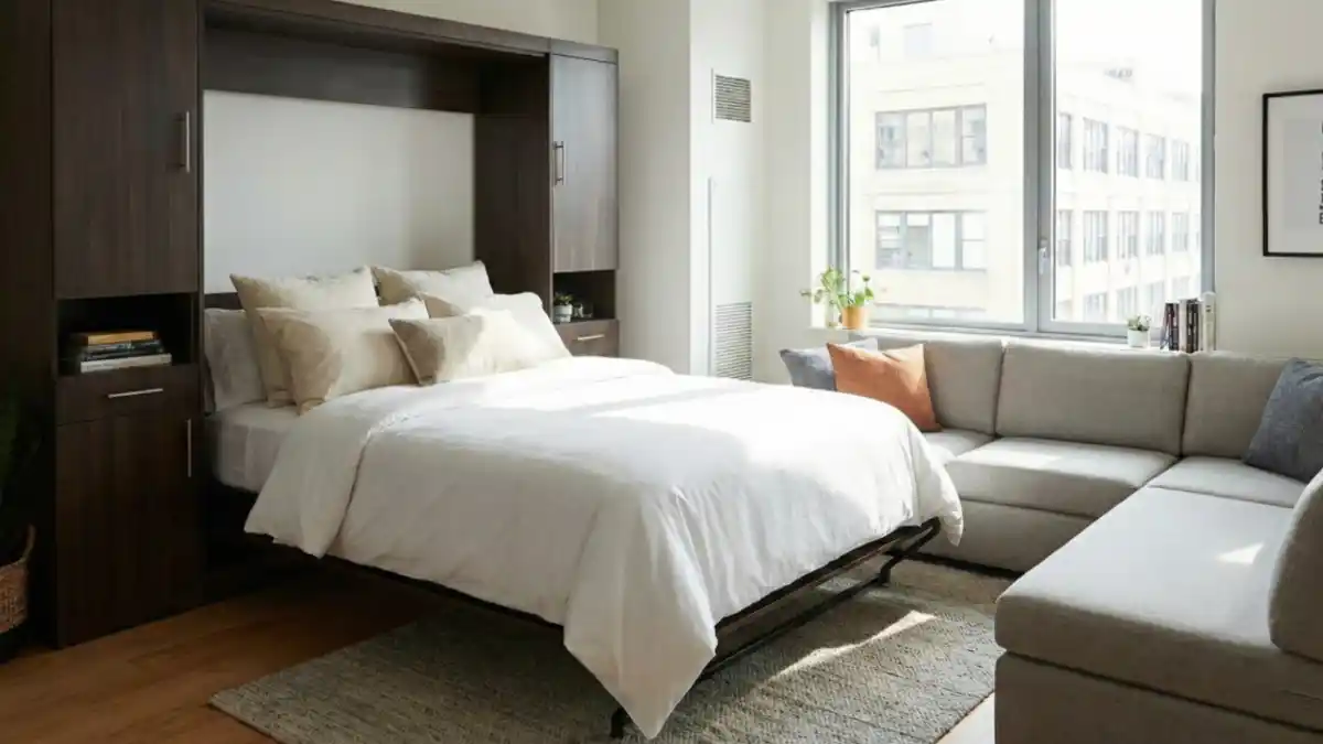 Espresso Wood & Cozy Neutrals Convertible Lounge – The Urban Transformer Apartment