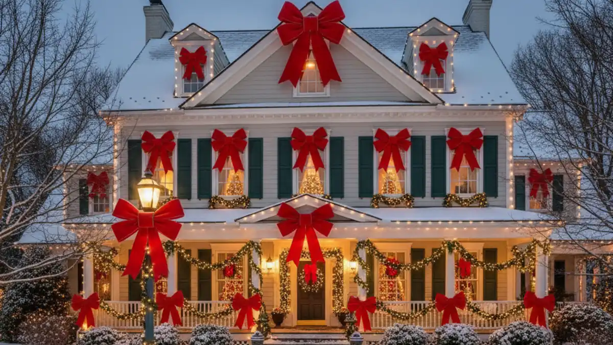 Festive Red Ribbon Wonderland: A Grand Home Adorned for the Holidays